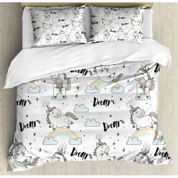 Unicorn Party Duvet Cover Set Cute Horse With Horn Flying Among