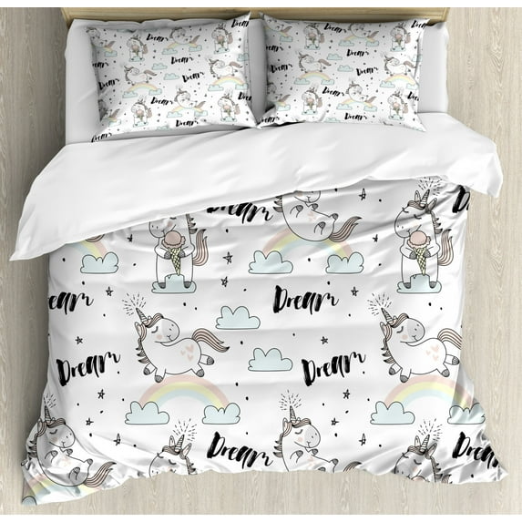 Unicorn Party Duvet Cover Set Queen Size, Cute Horse with Horn Flying among the Clouds with Hand Lettering Dream Quote, Decorative 3 Piece Bedding Set with 2 Pillow Shams, Multicolor, by Ambesonne