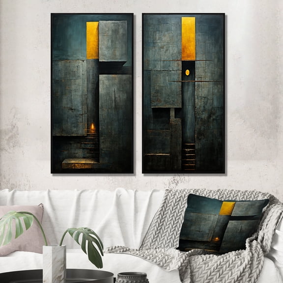 Designart "Indigo Stairway Minimal Grace II" Modern Geometric Framed Wall Art Set Of 2 - Modern Gold Framed Wall Art Set Of 2