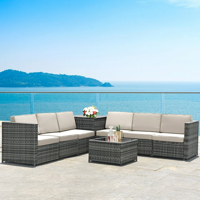 Gymax Ensemble de Mobilier de Conversation Sectionnel en Rotin pour Patio 8 Pcs avec Coussin Blanc