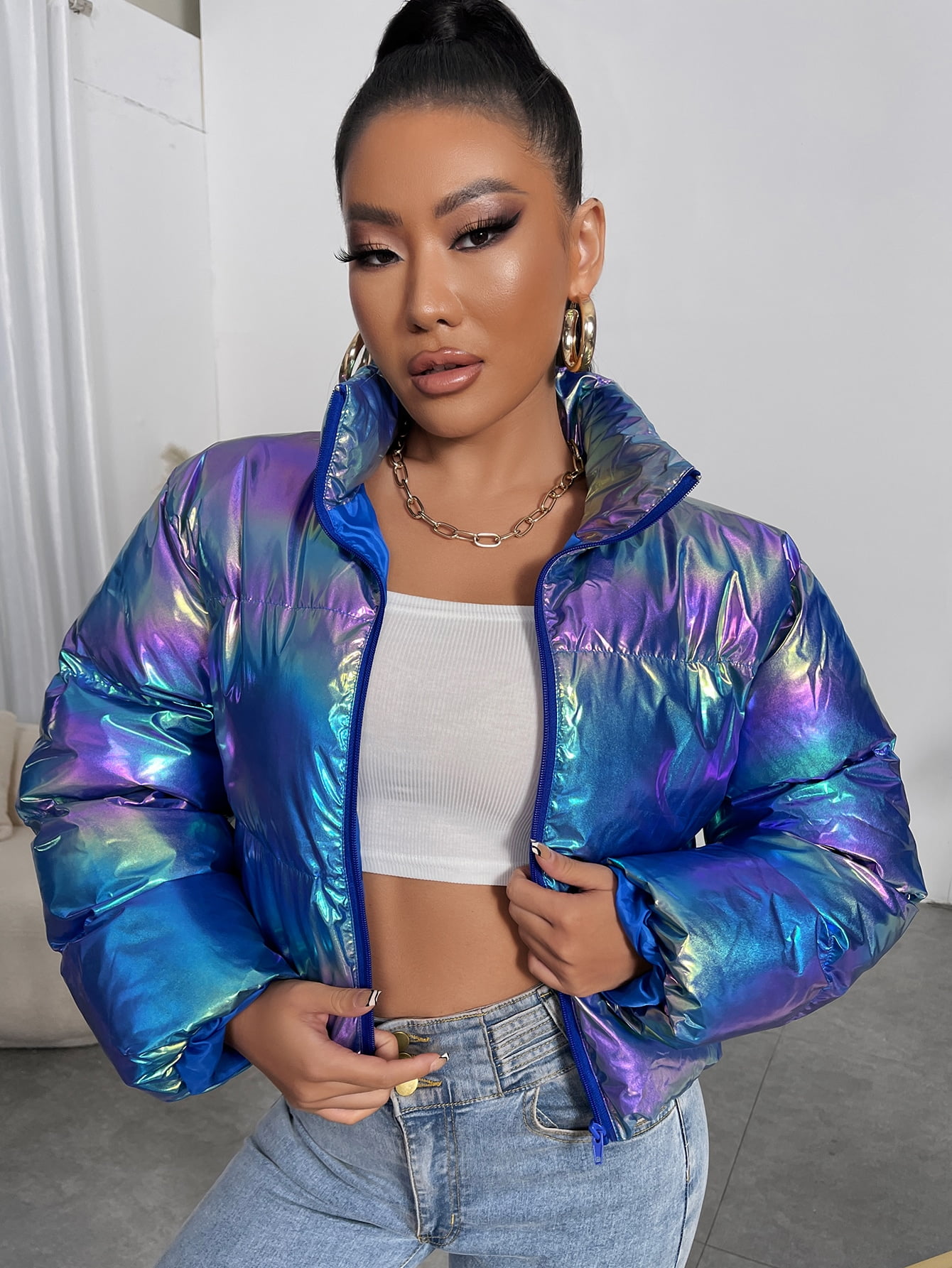 Women's Holographic Zip Up Puffer Coat 