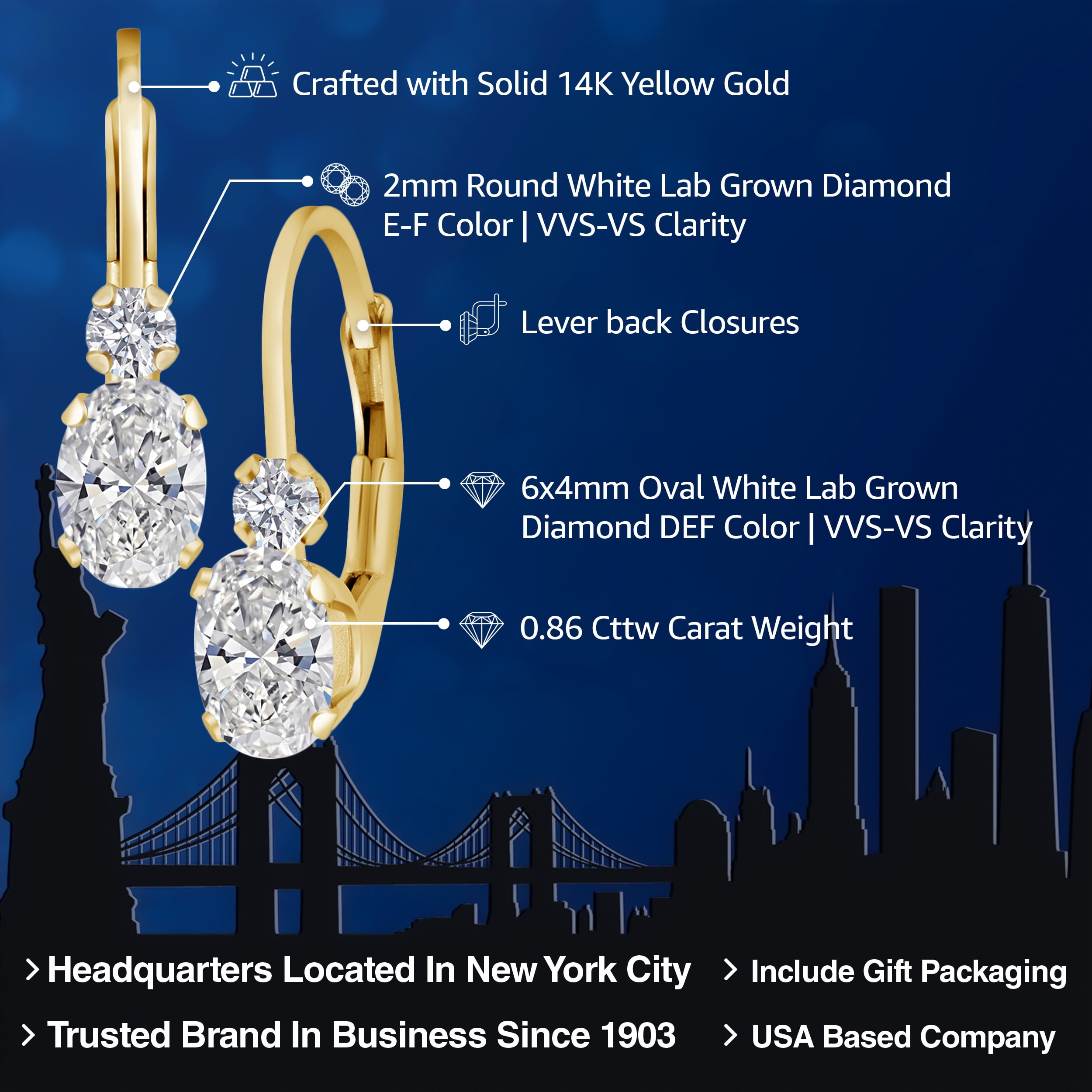 Gem Stone King 14K Yellow Gold White Lab Grown Diamond Leverback Earrings for Women | 0.86 Cttw | Oval 6X4MM and Round 2MM | DEF Color | VVS-VS Clarity | 3/4 inch