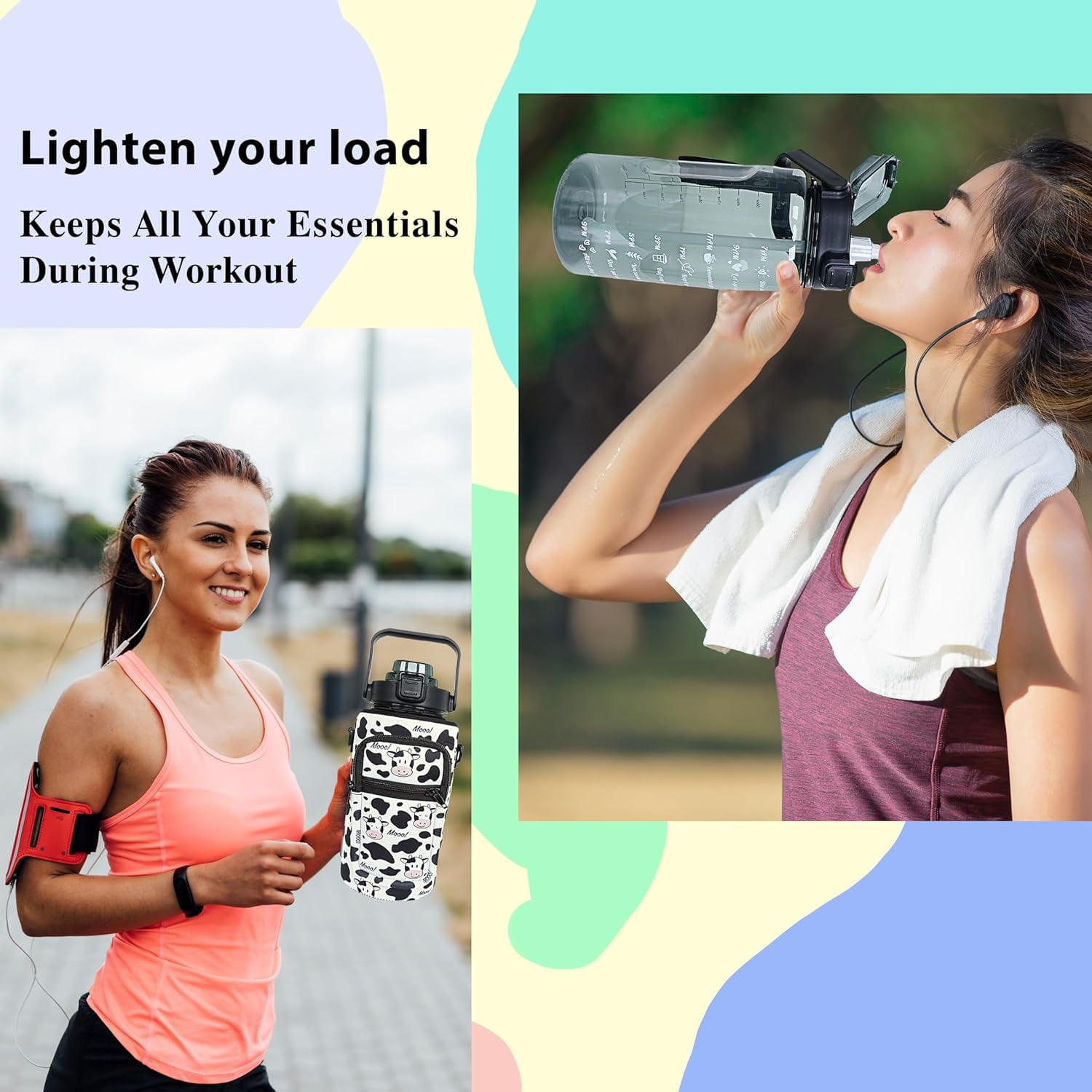 64 oz Water Bottle with Straw Sleeve & Strap Motivational BPA Free Half Gallon Water Jug with Handle for Gym Women Men Aesthetic Water Bottle with Strap