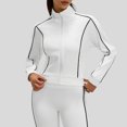 thumbnail image 2 of Women's Zip Up Cropped Jacket Long Sleeve Stand Collar Striped Trim Casual Track Jacket Elastic Cuffs Short Athletic Outerwear White,XXL, 2 of 7