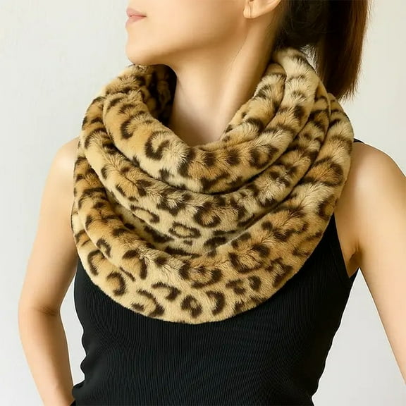 Women Elegant Faux Fur Leopard Print Infinity Tube Scarf (Brown)