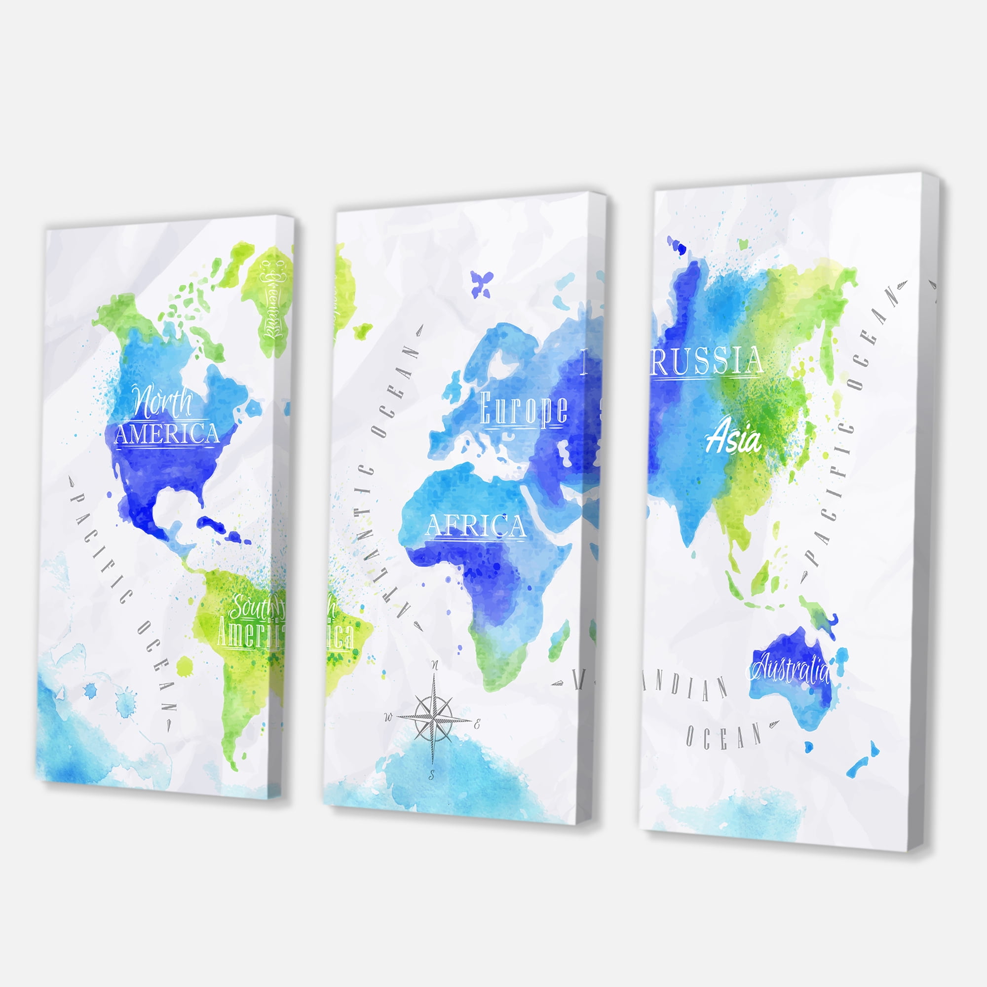 Designart ' World Map In Blue and Green ' Modern Canvas Wall Art Print