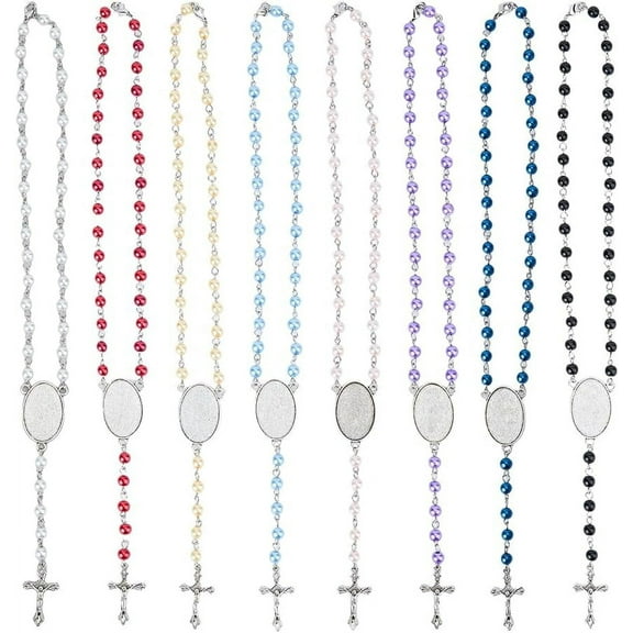 8 Color Rosary Beads Necklace Alloy Oval Pendant Tray and Glass Cabochons Glass Prayer Beads 17.32" Long Blank Photo Necklace for Gifts DIY Jewelry Making