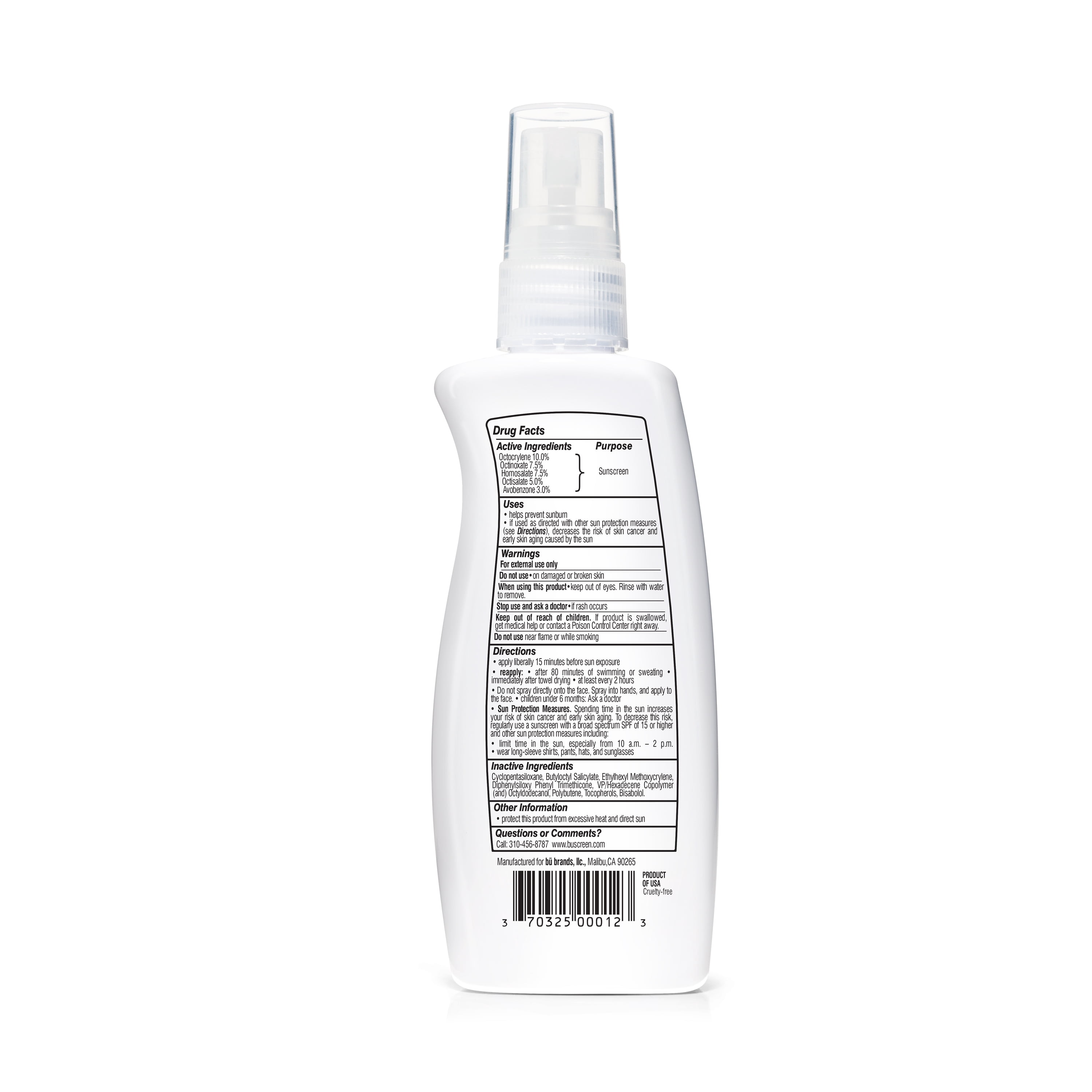 Bu SPF 50 Fragrance-Free Sunscreen Spray, Travel Sport, Water & Sweat Resistant 3.3oz
