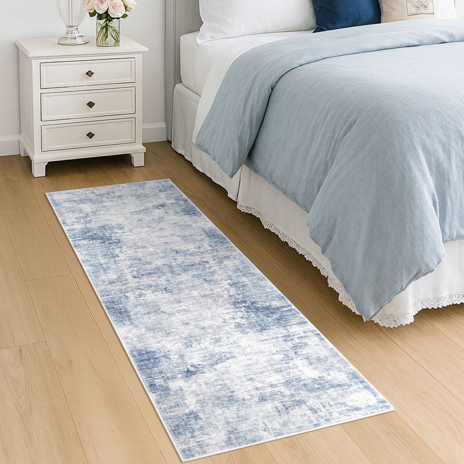 iOhouze Runner Rugs 2x6 Washable Runner Rug for Hallways Non Slip Kitchen Runner Low Pile Soft Printed Faux Wool Abstract Floor Runner for Inodoor Bedroom Entryway Laundry Room, Light Blue/Grey/White