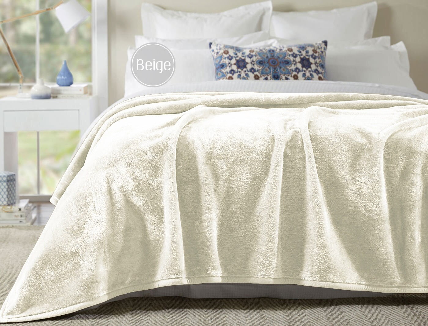 FBTS Prime Lightweight Plush Bed Blanket Solid OffWhite 108x90 inch