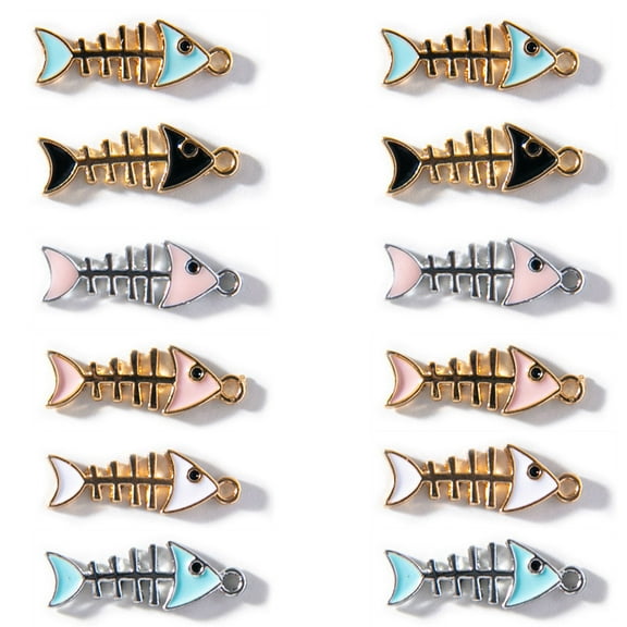 Gierzijia 12 Pieces Fish Bone Charms for Jewelry Making, DIY Gold Silver Plated Enamel Fishbone Charms for Earring Necklace Bracelet Keychain Pendant