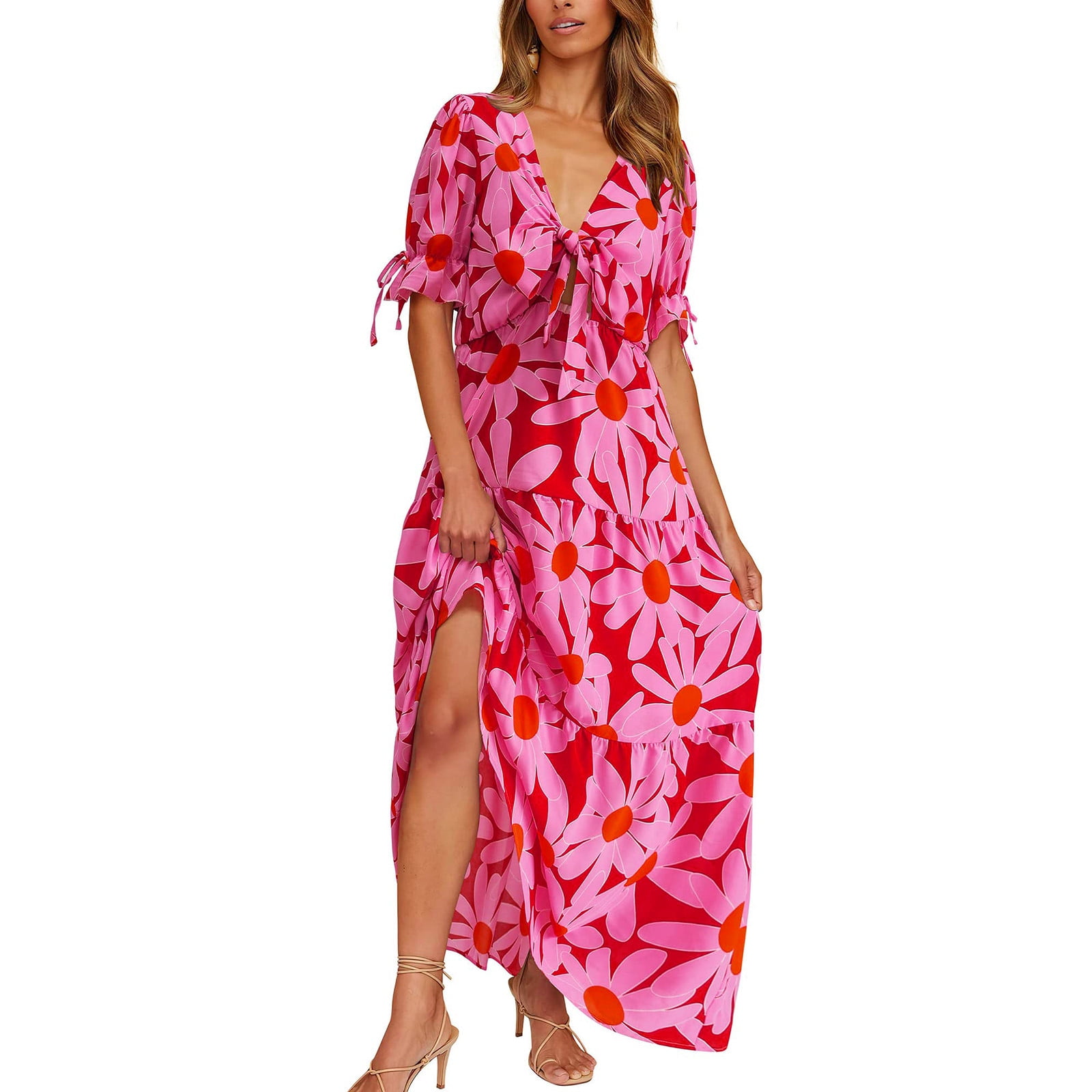Lopecy-Sta Floral Print Dresses for Women Short Sleeve Casual Dresses V  Neck Multicolor - L 