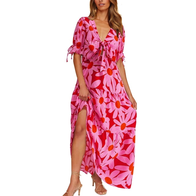 SMihono Robe Maxi Boho d'Été pour Femmes Grande Taille Femmes 2023 Robe Boho d'Été Nœud devant Col en V Profond Manches Courtes Floral Décontracté Fête Plage Robes Maxi Plage Robe d'Été