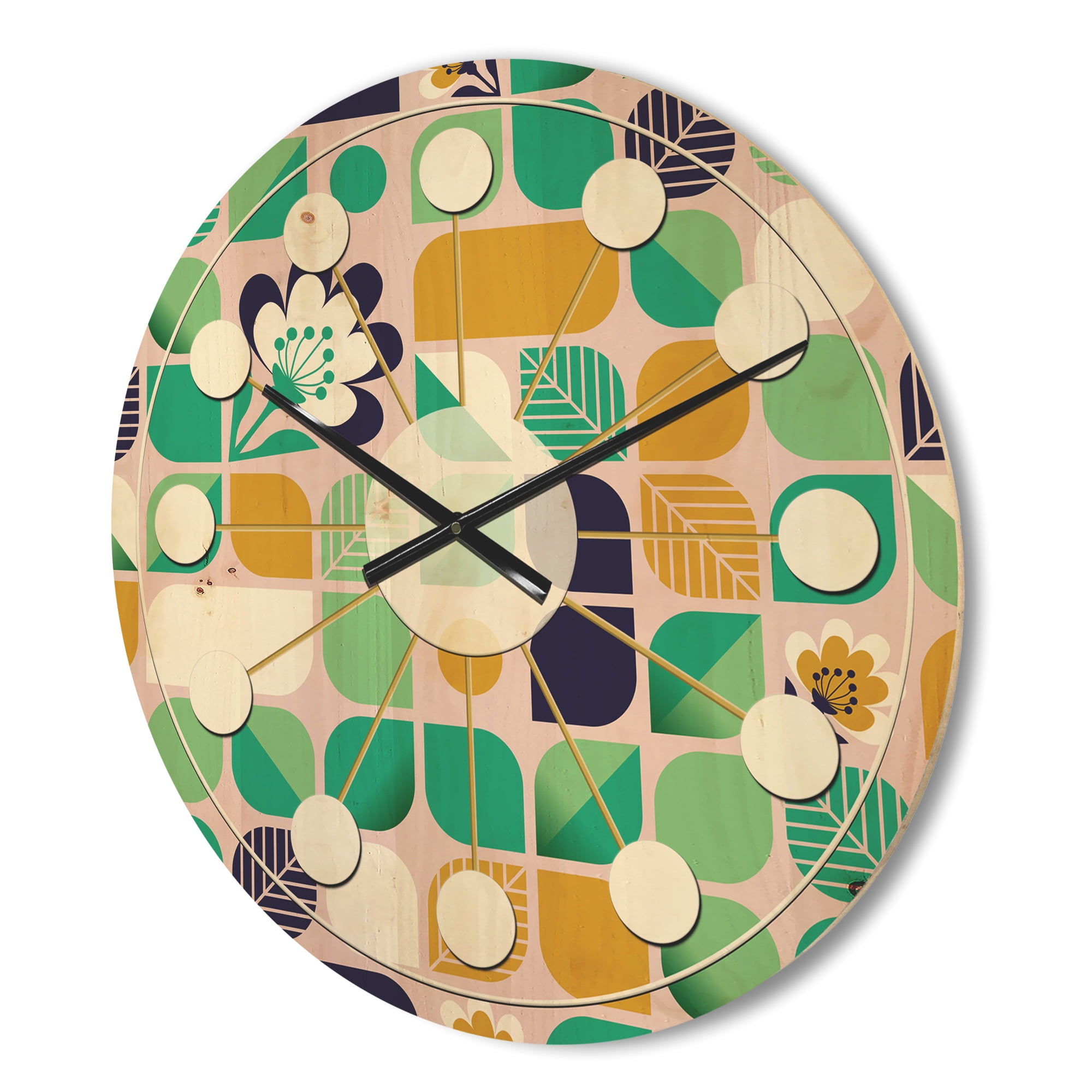 Designart 'Leaves and Flowers With Geometric Pattern' Mid-Century Modern Wood Wall Clock