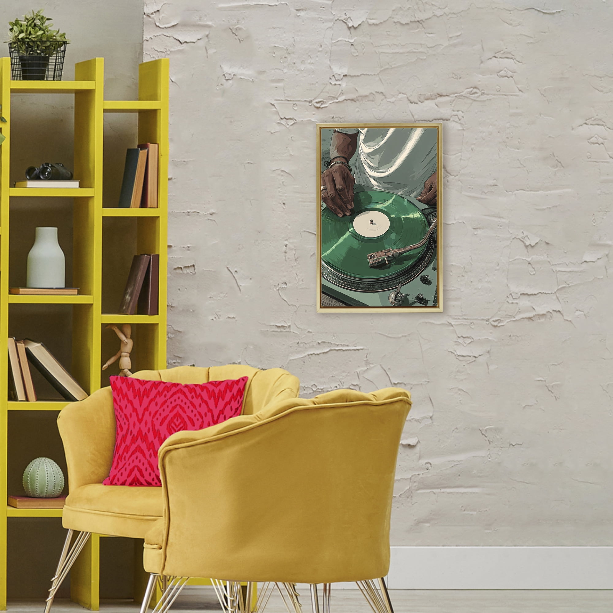 Stupell Industries DJ Spinning Green Record Gold Framed Floater Canvas Wall Art, design by Franklyn Gregory