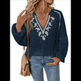 thumbnail image 3 of Blusa de Bordada con Cuello en V y Larga Estilo Bohemio para Mujer Azul Marino L, 3 of 10