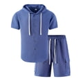 thumbnail image 5 of Men's 2 Pieces Cotton Linen Set Casual Short Sleeve Button up Shirts Hoodie Beach Yoga Cargo Shorts Summer Outfits Size 3XL Blue, 5 of 5