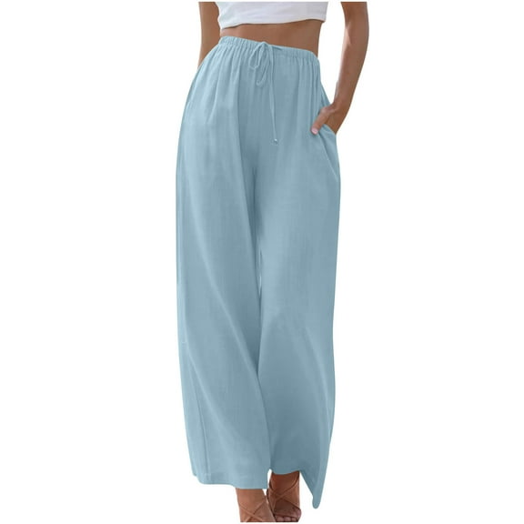 Diufon Linen Wide Leg Pants for Women Elastic High Waist Drawstring Lounge Pants Solid Color Pants with Pockets