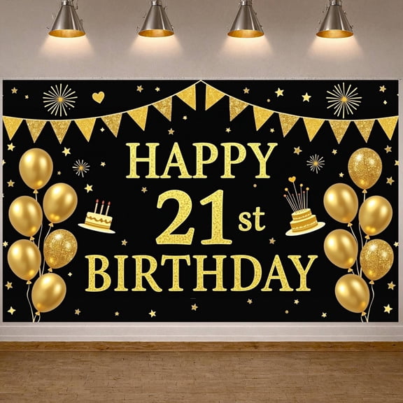Golden Glitter Happy 21st Birthday Banner Black Background 21st Birthday Display Gold Balloons Cake Pattern Birthday Celebration Backdrop for 21st Birthday Party Adult Celebration Indoor Decoration