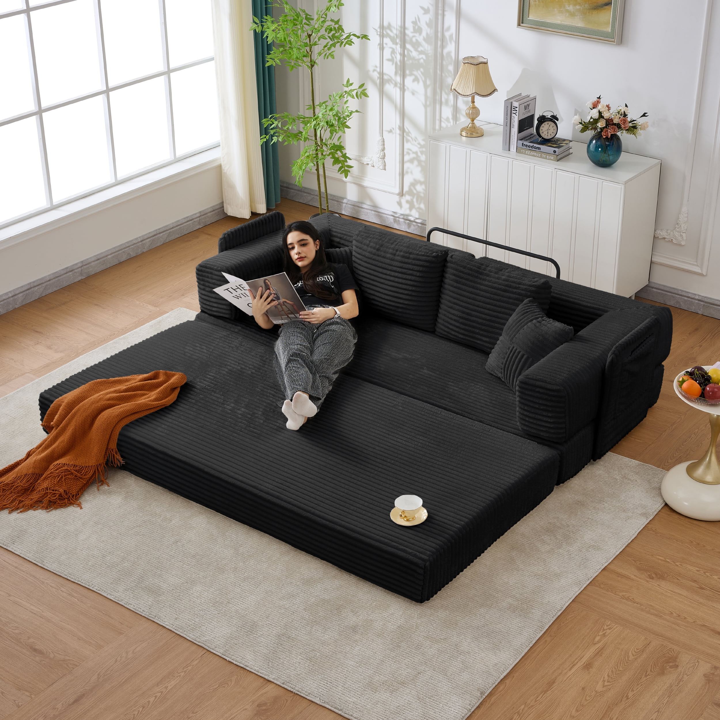 Convertible Foldable Sleeper Sofa Bed with Storage Pockets, No Assembly Folding Floor Couch with 4 Pillows, Daybed Futon, Black Upgraded