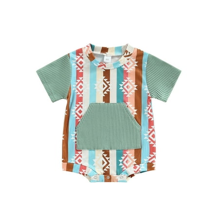 

Meihuida Baby Boys Jumpsuit Casual Geometric Striped Print Short Sleeve Romper with Pockets for Newborn Infant