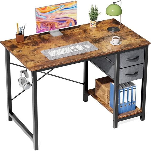 MCQ 40 inch Desk with Drawers, Home Office Computer Table with x-Shaped Frame and Side Hook, Rust
