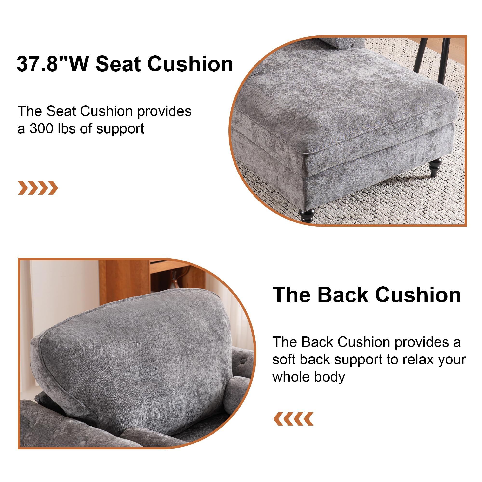 Aukfa Curved Arm Chaise Lounge Indoor Chair Oversized Mid-Century Modern Chair, 2 Pillows, Chenille, Gray