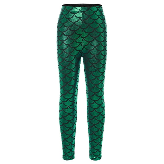 Alvivi Kids Girls Shiny Mermaid Leggings Toddler Metallic Fish Scale Printed Tights Dance Costume Green 9-10