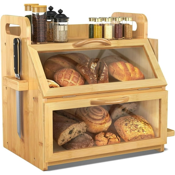 Extra Large Bread Box, Double Layer Bread Box for Homemade Bread, Bamboo Wooden Bread Storage Container with Tool Holder & Handles & Window, Assembly Required(14.9" x 11" x 15.3") Black