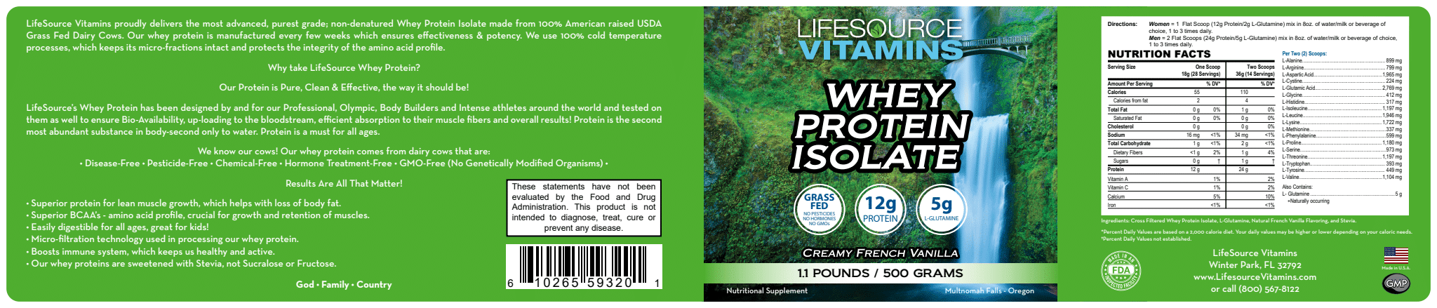 LifeSource Vitamins 1.1 lbs Grass Fed Whey Protein Isolate - Creamy French Vanilla w/Stevia