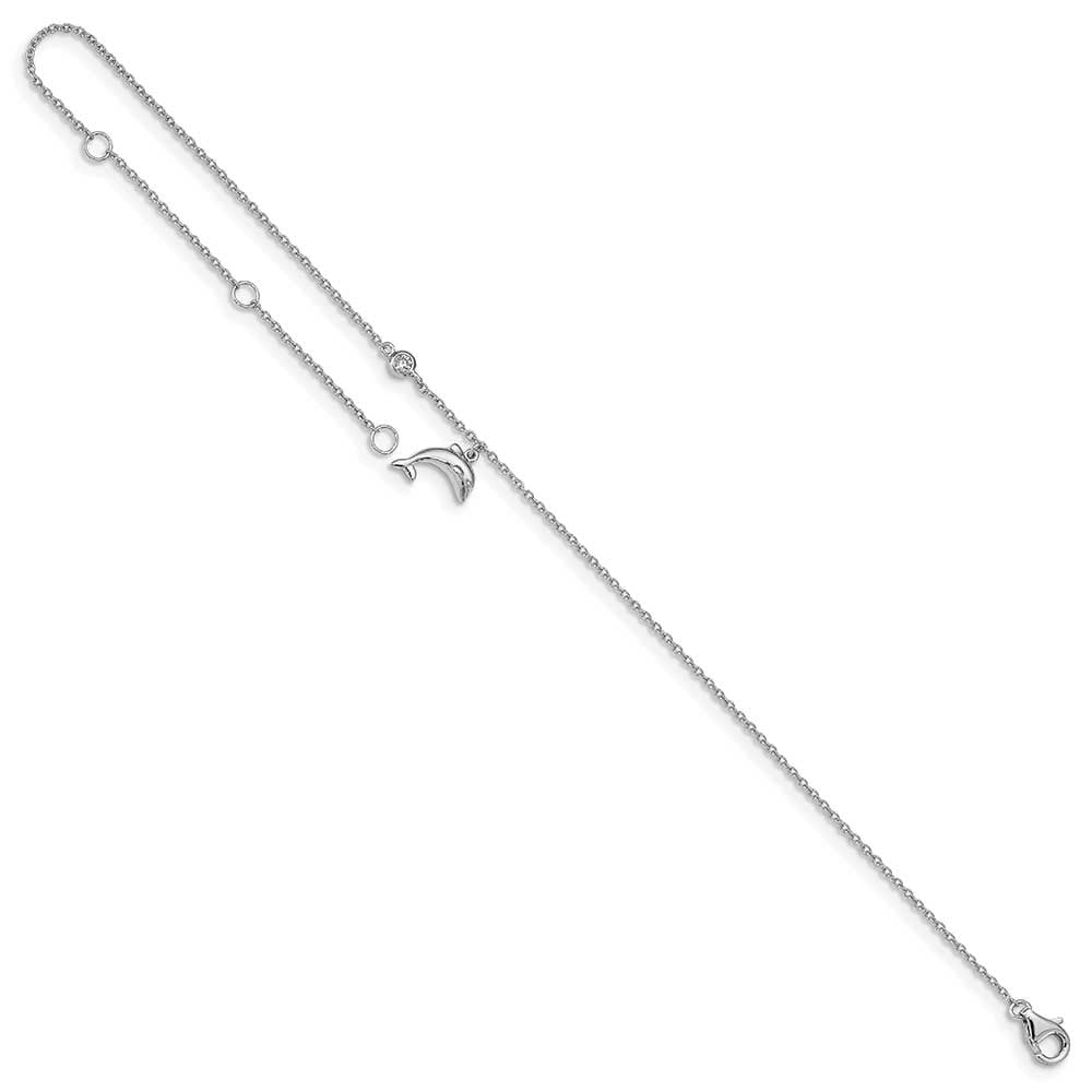 Sterling Silver Rhodium-plated Polished CZ Dolphin 9 inch with a 2 inch Extention Anklet QQG4743-9