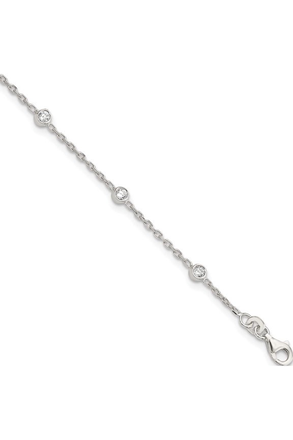 Sterling Silver Polished With Cz 9 Inch Plus1 Ext. Anklet (9 X 1) Made In India qg4197-9