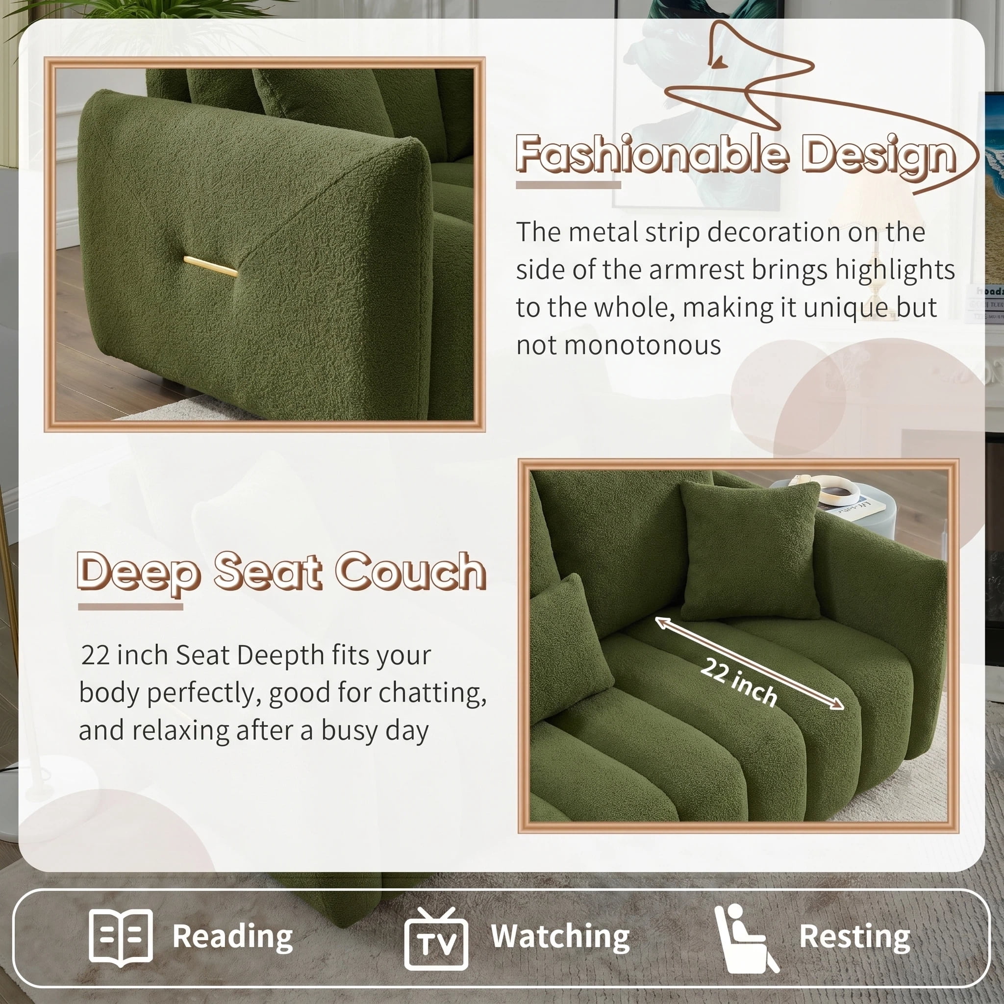 AISWORD Modern Sofa Couch, Comfy Deep Seat Teddy Cloud Sofa, Upholstered 3-Seater Boucle Couch with Pillows, Green