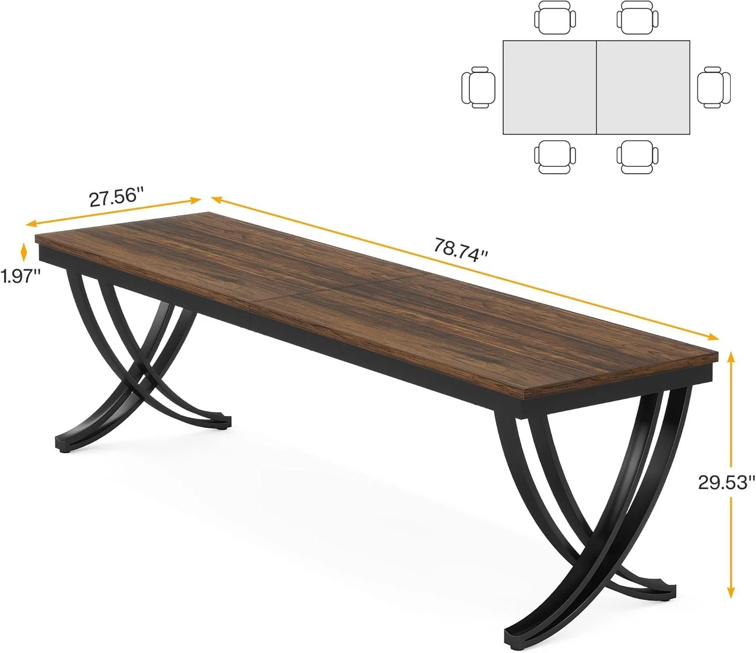 Hommoo 78 Inch Farmhouse Dining Table for 6-8 People, Rectangular Wood Top with Metal Legs, Rustic Modern Kitchen Table, Black