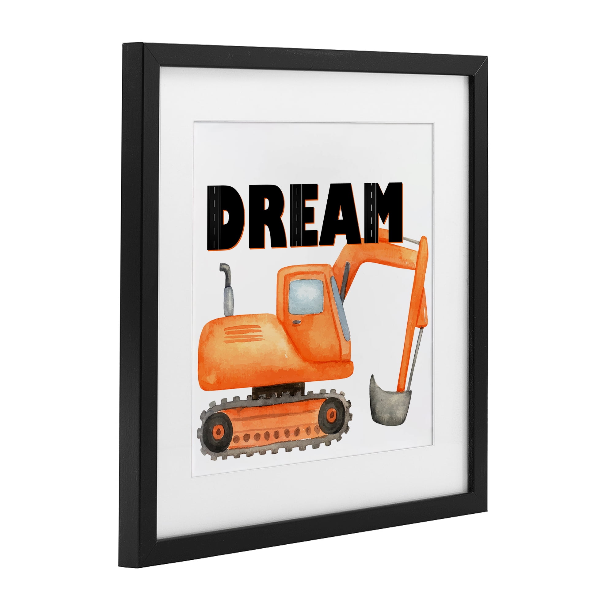 Dream with Orange Excavator Black Framed Print Under Glass, design by Kim Allen