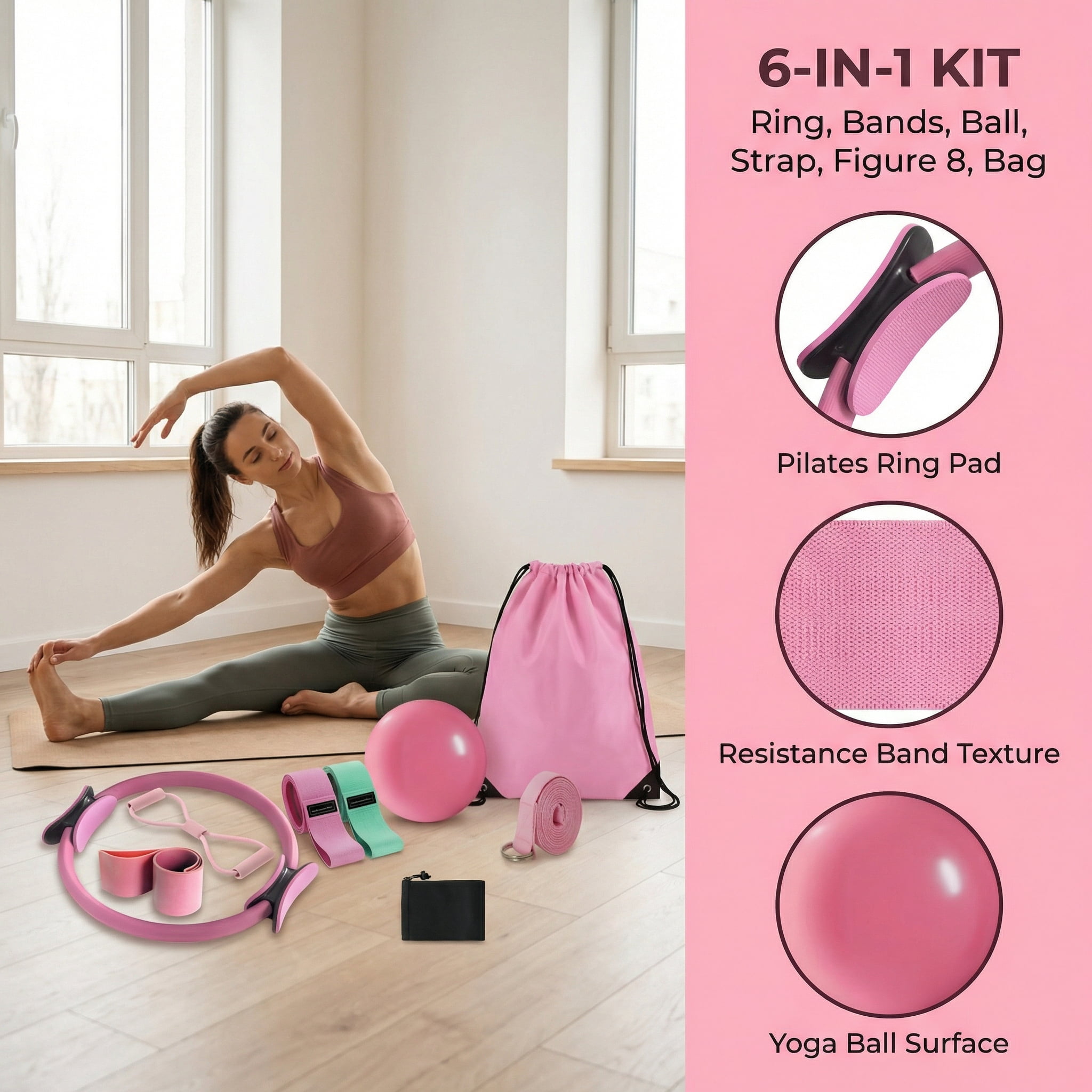 Pilates Equipment Kit for Home Workouts Angivlga  - 15in Pilates Ring, Ball Set, Booty  & Figure 8 Resistance Band - Pilates Essentials Kit for Women with Yoga  & Strap - Portable Pilates Set