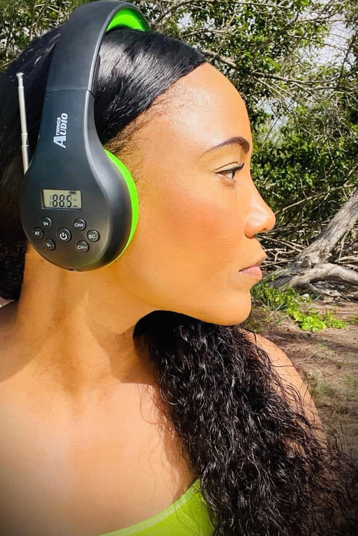 Things Audio Portable Personal FM Radio Headphones Pull-Out Antenna for Great Reception, Walking, Jogging, Relaxing, School, Talk Radio - Powered by 2AA Batteries (Not Included) - Black & Lime Green