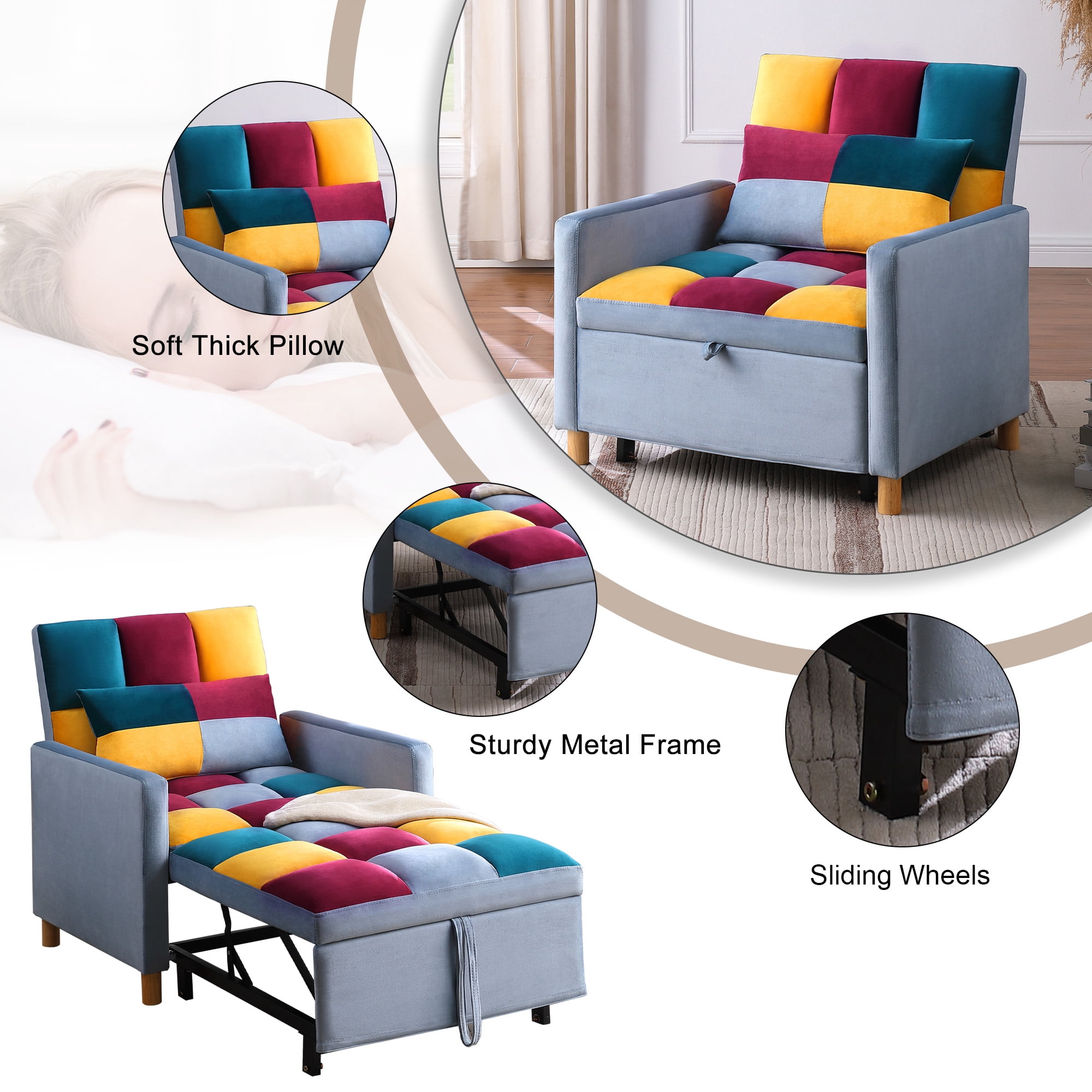 Aukfa 3-in-1 Sleeper Chair, Convertible Pull Out Chair Bed for Small Space, Patchwork