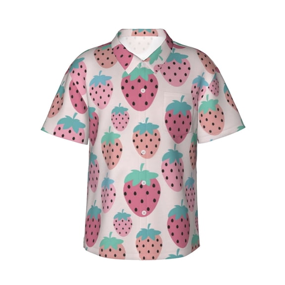 Pink Strawberry Men'S 3d Print Casual Button Down Shirts, Novelty Hawaiian Short Sleeves M