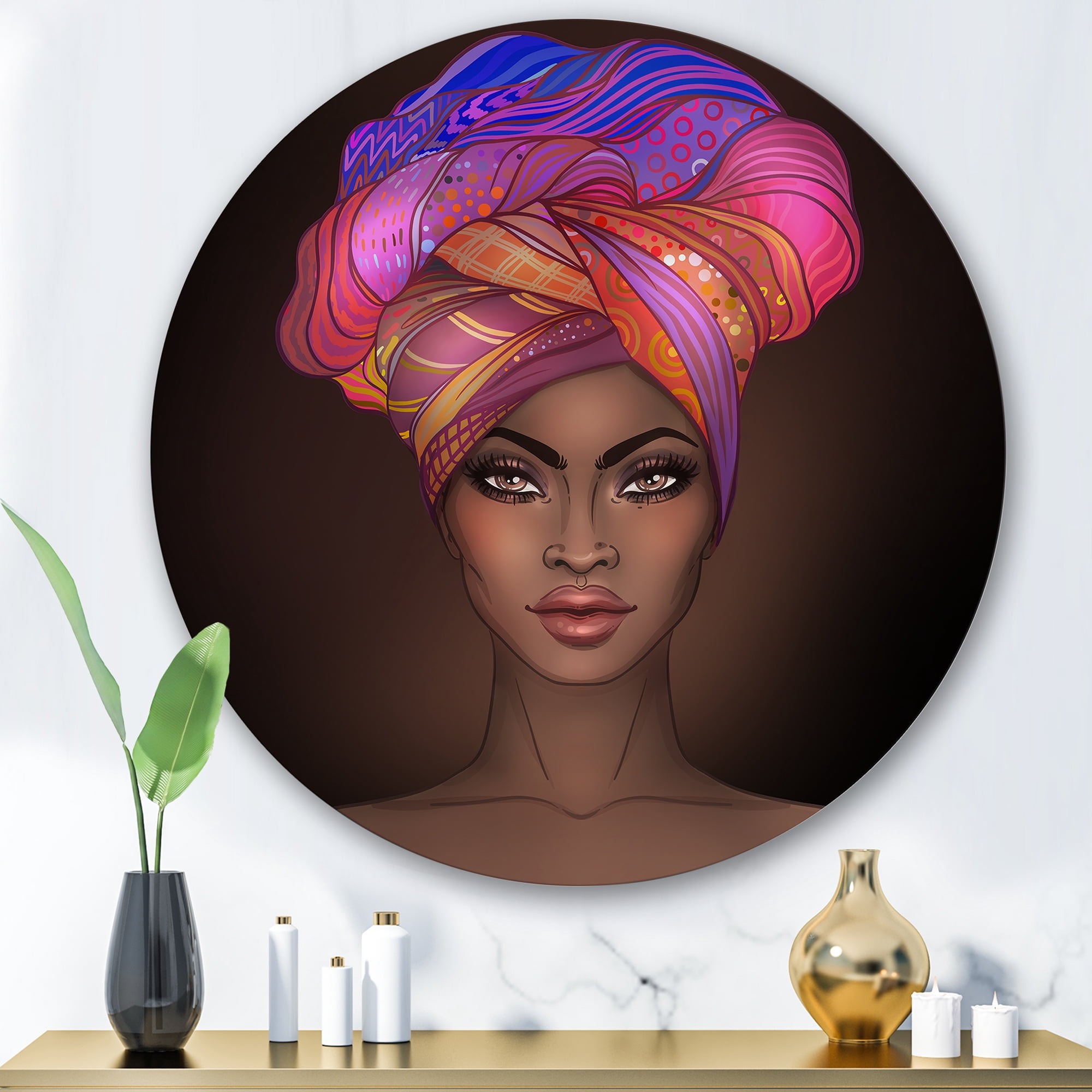 Designart 'African American Woman Portrait with Turban VI' Modern Circle Metal Wall Art 29x29 - Disc of 29