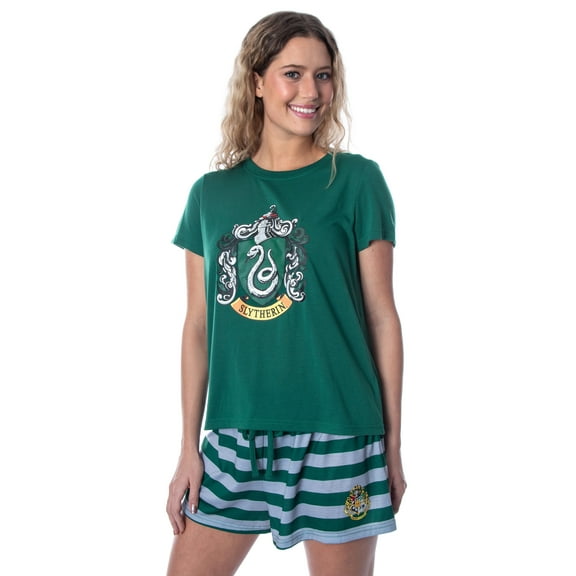 Harry Potter Women's Hogwarts Castle Crest 2 Piece Pajama Short Set Sleepwear Slytherin Hufflepuff Gryffindor Ravenclaw