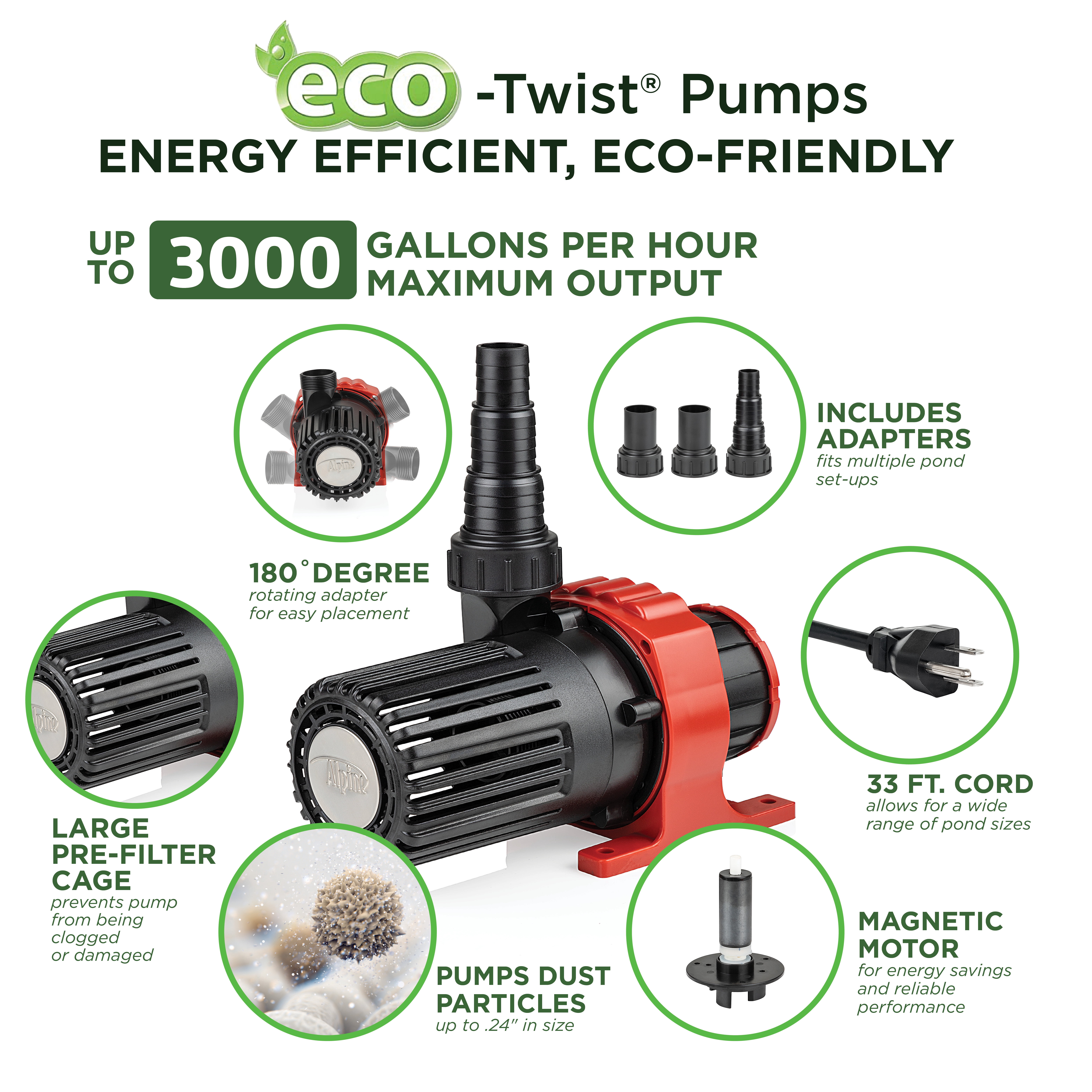 Alpine Corporation Eco-Twist Energy-Saving Pump with Controller 3000GPH with 33' Cord