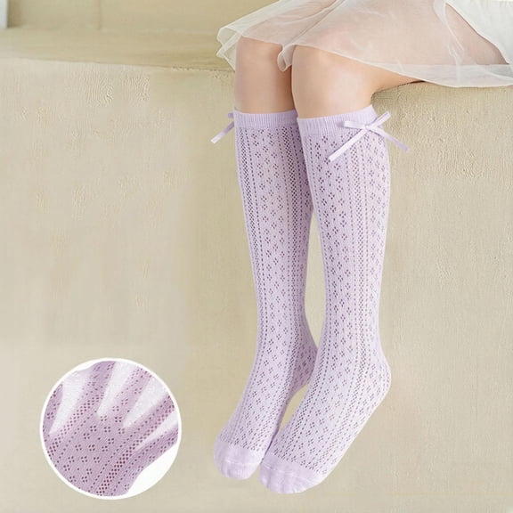 BRGZLK Toddler Girls Lace Knee High Socks Fall 2026 Fashion Cute Bow Decor Solid Color Lightweight Comfortable Fishnet Stockings School Socks Purple 3-10 Years