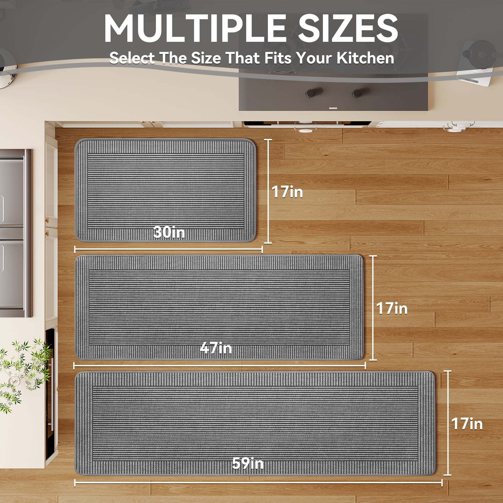 QiCaiJia Kitchen Rugs, 17''x47'' Gray Kitchen Mats for Floor, Washable Non Slip Absorbent Kitchen Mat, Braided Kitchen Runner Rug, Kitchen Sink Rug
