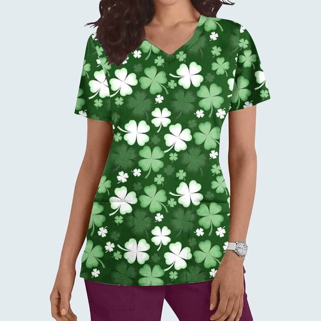 Fiudx Ofertas Flash Del Día Solo En Línea Blusa de Manga Corta con Cuello En V para Mujer, Uniforme de Trabajo, Impresión de Bolsillo