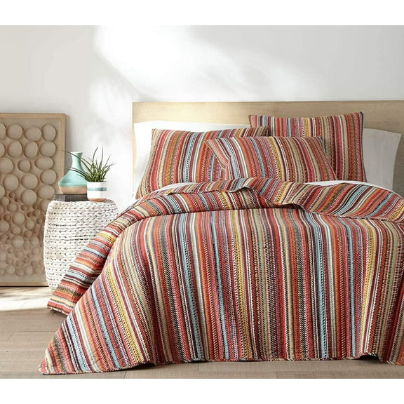 Levtex Home - Uluru Quilt Set - King Quilt   Two King Pillow Shams - Boho Stripe - Orange Teal Red Green Yellow Black White - Quilt (106x92in.) and Pillow Shams (36x20in. ) - Cotton