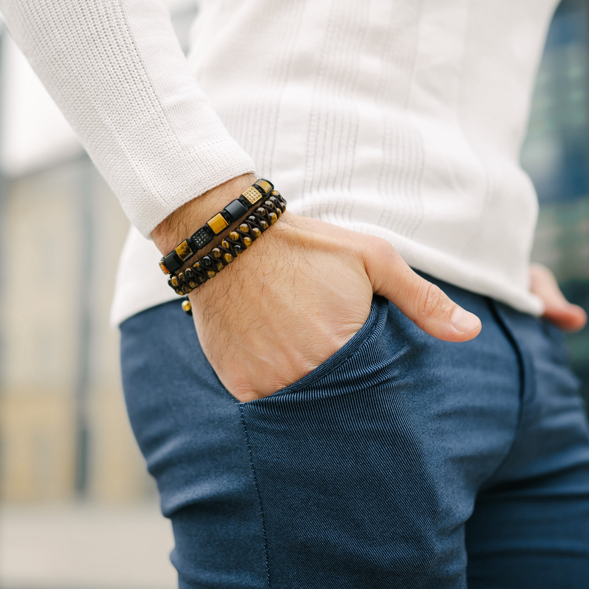 Men's TIGER EYE Double Bead Bracelet | Gift for Men | One Size Fits All | 100% Natural | Gemstone Adjustable Bracelet