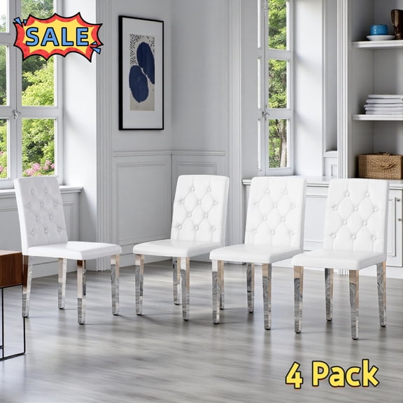 Tcbosik Dining Chairs Set of 4, Modern Upholstered Kitchen Chair with Button Tufted Back, PU Leather Armless Chair with Metal Legs, White & Silver