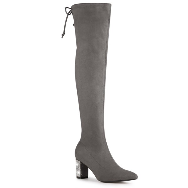 Unique Bargains Women's Chunky Heels Rhinestone Over the Knee High Boots Grey (Size 10)