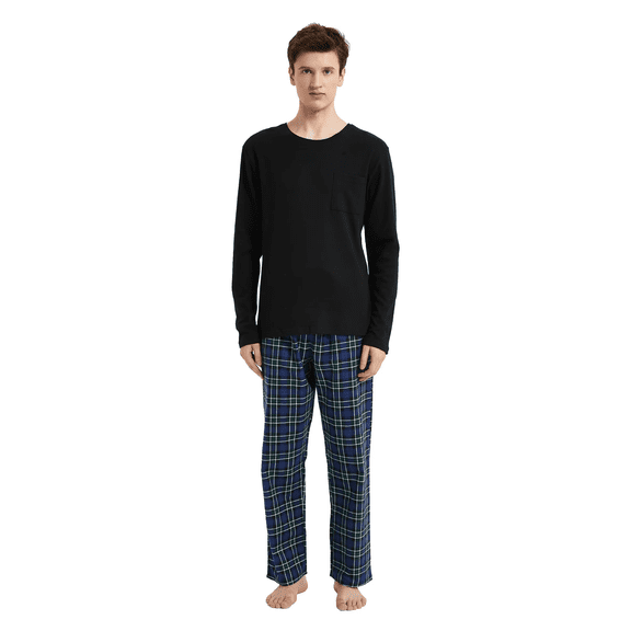 Amaxer Men's Loungewear Pajama Set Knit Long Sleeve T-Shirt and Fleece Pants 100% Cotton Navy Plaid L